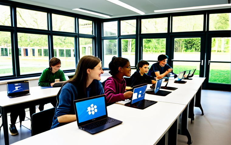 Interactive Learning Platform**

"A bright and inviting scene depicting a diverse group of students engaged with an interactive learning platform on laptops. The platform displays information about renewable energy. The setting is a modern, eco-friendly classroom with large windows overlooking a lush garden. Students are fully clothed in casual, appropriate attire. Focus on conveying engagement, curiosity, and the ease of access to information. safe for work, professional, appropriate content, fully clothed, perfect anatomy, natural proportions, well-formed hands, proper finger count, natural body proportions, high quality, educational illustration."

**
