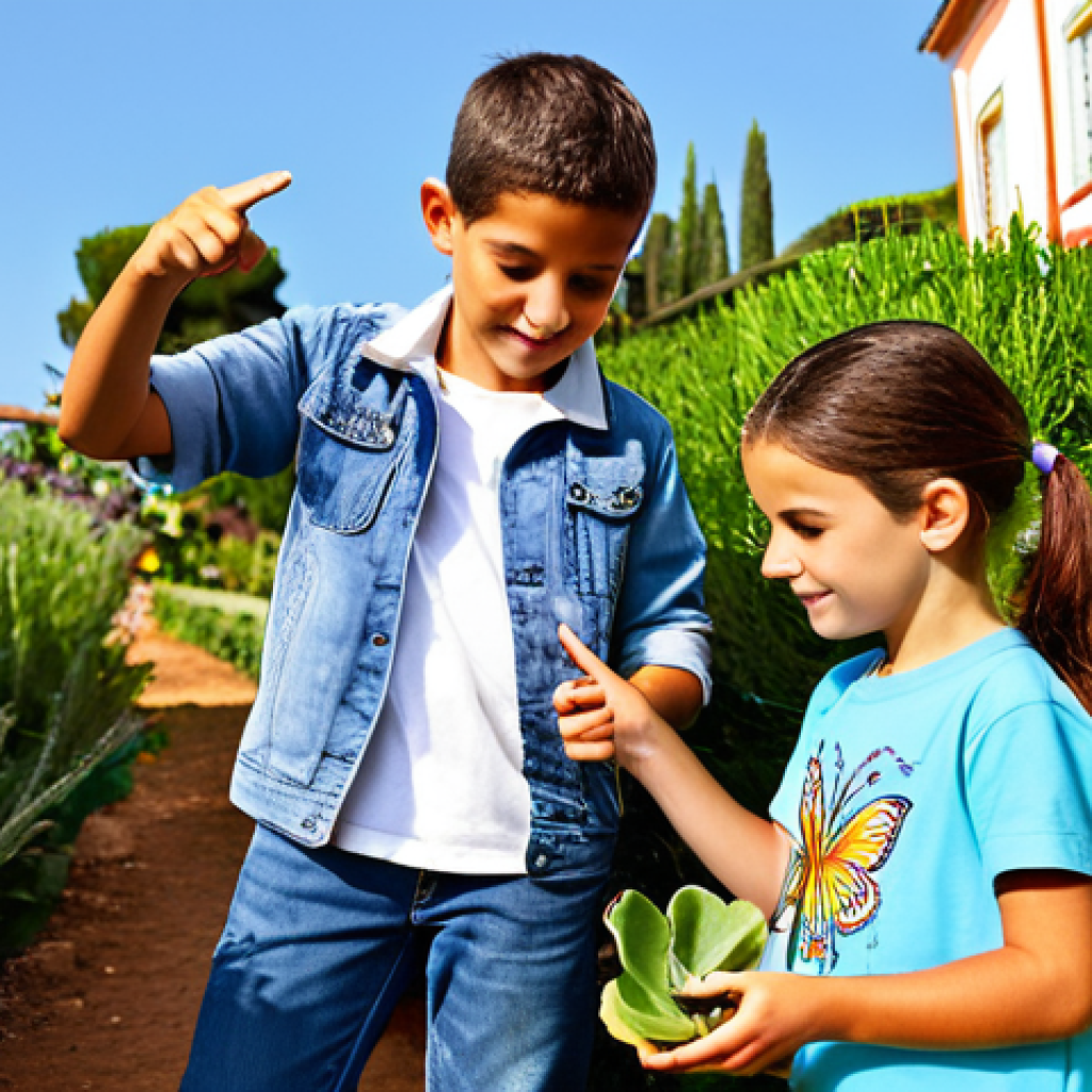 야외 교육장에서의 지속가능성 교육 - Sensory Garden Exploration**
"A group of schoolchildren (ages 8-10), fully clothed in appropriate o...