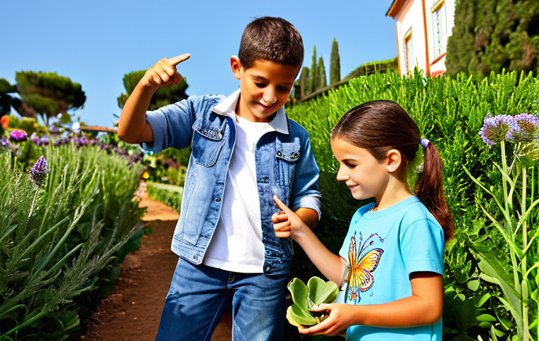 야외 교육장에서의 지속가능성 교육 - Sensory Garden Exploration**
"A group of schoolchildren (ages 8-10), fully clothed in appropriate o...