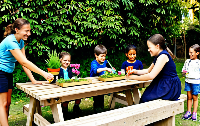 야외 교육장에서의 지속가능성 교육 - Sensory Garden Exploration**

"A group of schoolchildren (ages 8-10), fully clothed in appropriate o...