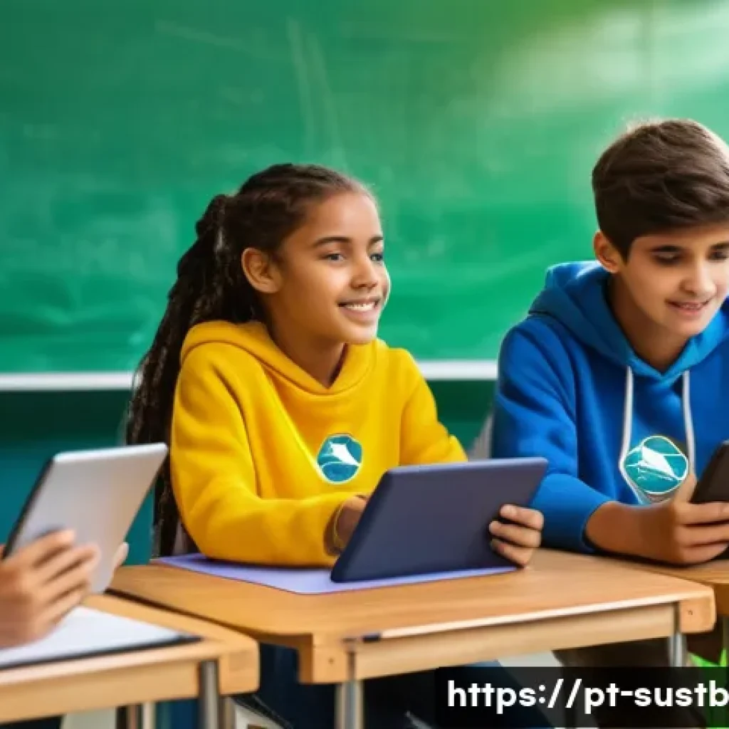 지속가능성 교육의 글로벌 동향 - A modern classroom scene in Brazil where diverse teenage students actively engage with interactive d...
