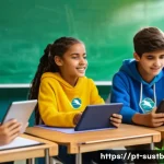 Home 18 지속가능성 교육의 글로벌 동향 - A modern classroom scene in Brazil where diverse teenage students actively engage with interactive d...