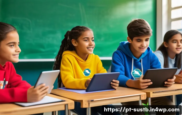 지속가능성 교육의 글로벌 동향 - A modern classroom scene in Brazil where diverse teenage students actively engage with interactive d...