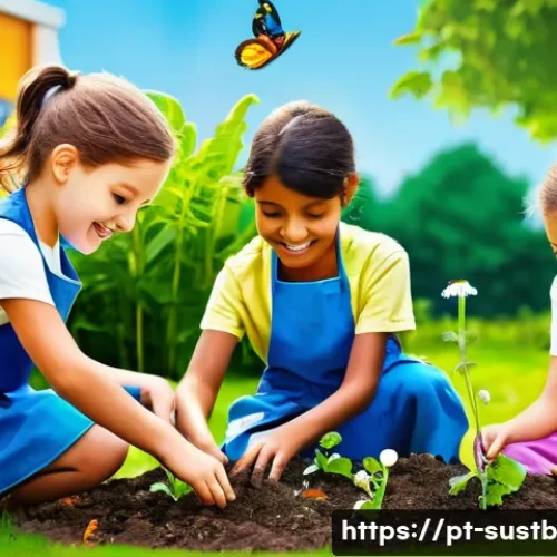 Home 29 어린이와 함께하는 환경 보호 정책 - A vibrant and lively school garden scene featuring young children aged around 7 to 10, wearing color...