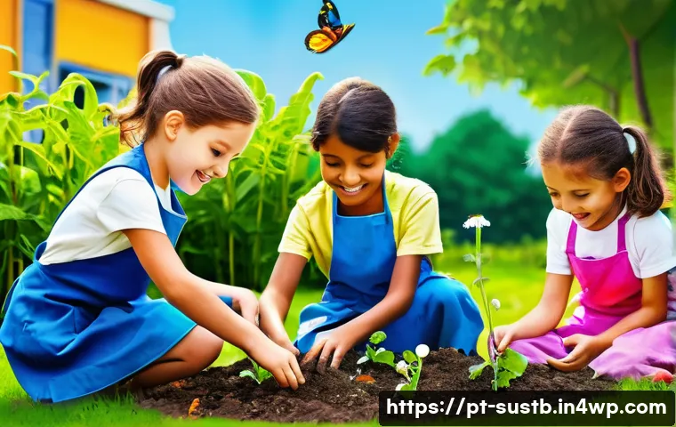 어린이와 함께하는 환경 보호 정책 - A vibrant and lively school garden scene featuring young children aged around 7 to 10, wearing color...