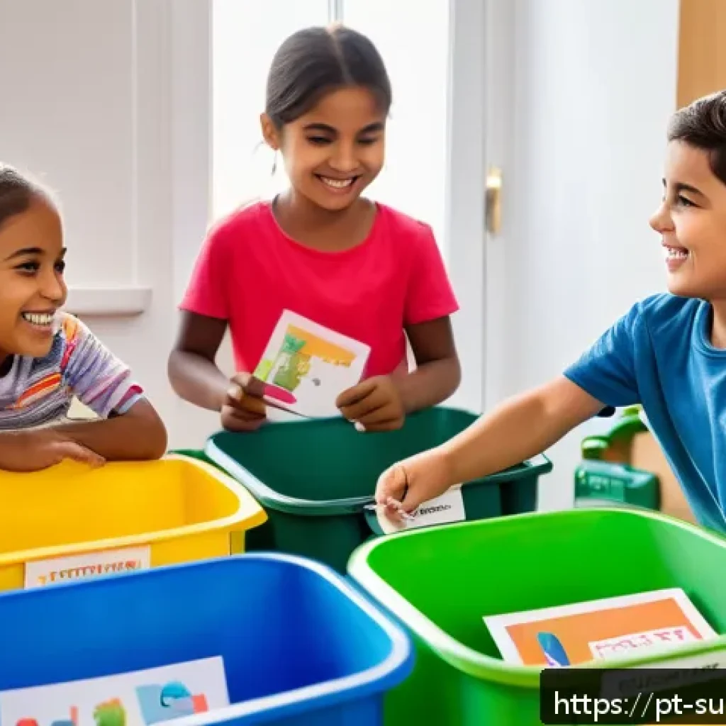 어린이와 함께하는 환경 보호 캠페인 - A vibrant scene of a diverse group of children aged 6 to 10 happily participating in a home recyclin...
