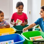Home 16 어린이와 함께하는 환경 보호 캠페인 - A vibrant scene of a diverse group of children aged 6 to 10 happily participating in a home recyclin...