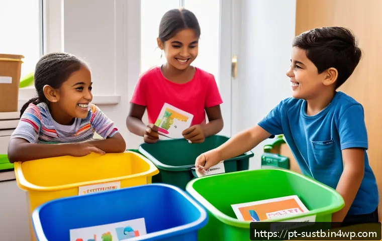 어린이와 함께하는 환경 보호 캠페인 - A vibrant scene of a diverse group of children aged 6 to 10 happily participating in a home recyclin...