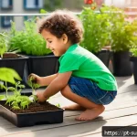 Home 21 자연을 사랑하는 어린이 만들기 - A cheerful young child wearing a colorful t-shirt and shorts, planting a small green seedling in a s...