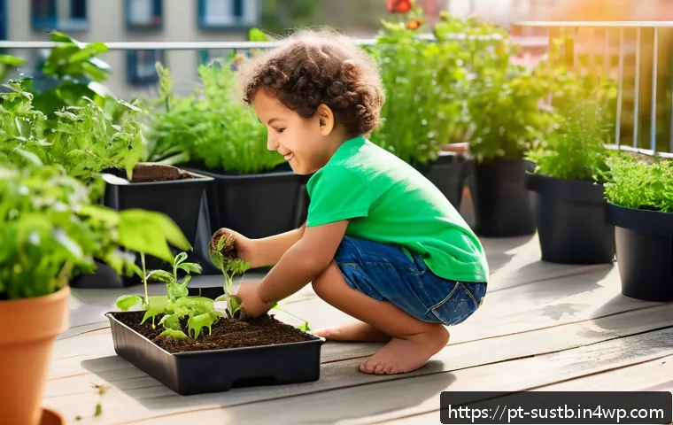 자연을 사랑하는 어린이 만들기 - A cheerful young child wearing a colorful t-shirt and shorts, planting a small green seedling in a s...