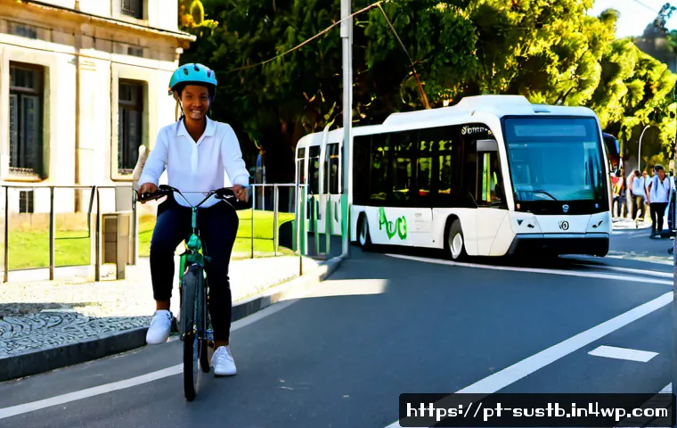 Home 17 지속가능한 교통 수단 교육 - Photorealistic sustainable transportation education scene in a sunny Portuguese-speaking city neighb...