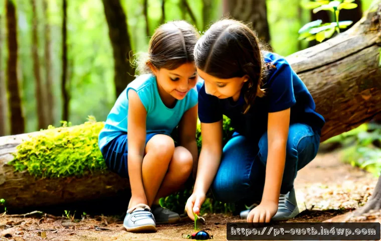 어린이를 위한 자연 관찰 활동 - Photorealistic outdoor nature observation activity for children in a sunny Portuguese woodland, two ...